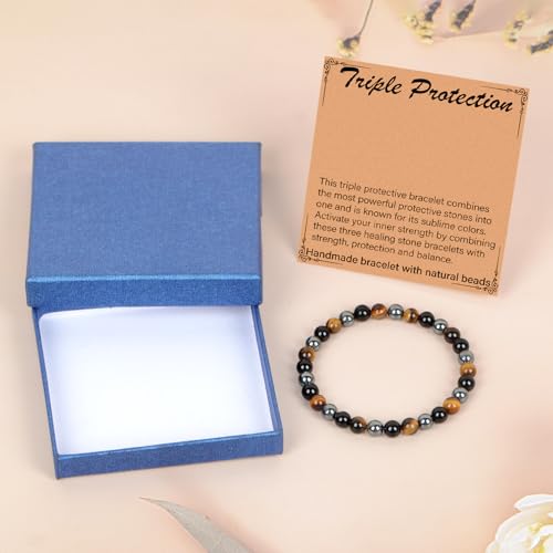LPBeads Handmade Natural Gemstone Stretch Elastic Bracelet Healing Crystal Round Stone Beads Jewelry Gifts for Women Men - color: Onyx Tiger Hematite Mixed, size: 6mm