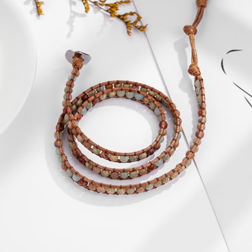Women Boho Handmade Natural Stone Crystal Leather Bead Wrap Bracelets Collection - style: 4mm Agalmatolite 3W