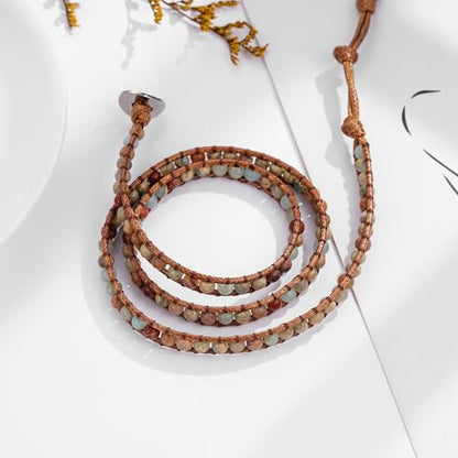 Women Boho Handmade Natural Stone Crystal Leather Bead Wrap Bracelets Collection - style: 4mm Agalmatolite 3W