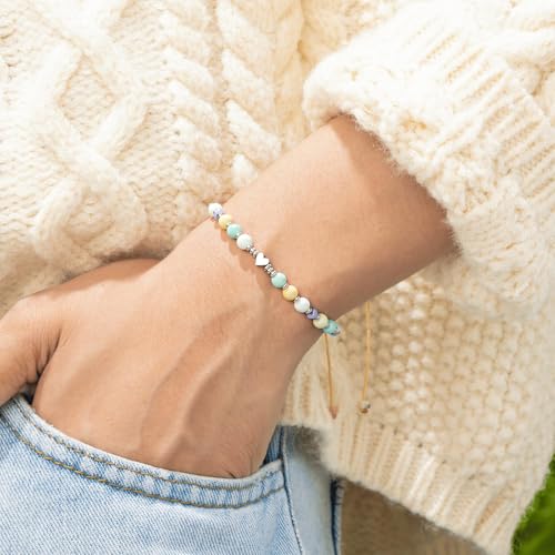 Birthday Bracelet: 6mm Natural Stone Healing Bracelet Inspirational Self-Care Gifts for Women, Mom, Daughter, Wife, Coworkers, Friend, Bestie, Granddaughter - color: Blue