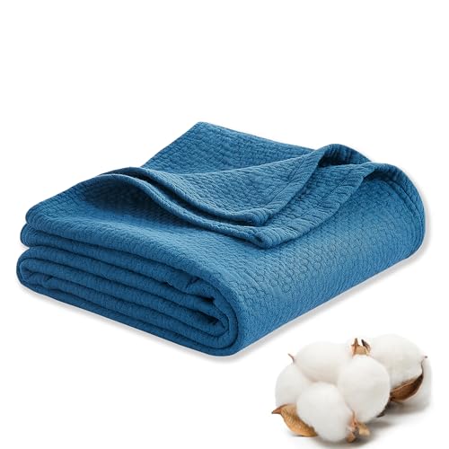 Premium 100% Cotton Blanket – All-Season Soft Breathable Bed Blanket for Queen Size – Lightweight Stylish Textured Throw for Bed– Giftable Cozy Bedding - color: Blue, size: Queen(80" x 90")