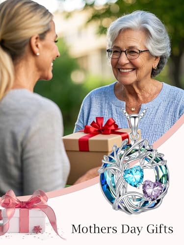TOUPOP s925 Sterling Silver Family Celtic Tree of Life Pendant Necklaces with 2 Heart Birthstone with Blue Austrian Crystal Jewelry Birthday Valentines Day Gifts for Her, Anniversary Christmas Gifts for Wife Girlfriend Mom (18K Real White Gold Filled) - c