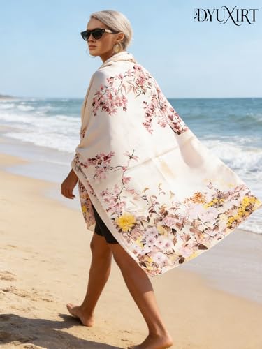 100% Mulberry Silk Oversized Women’s Sun-Shielding Shawl Formal Evening Neckwear Featherlight Airy - color: N1-blossom Silk Scarf（69" X 21"inch）