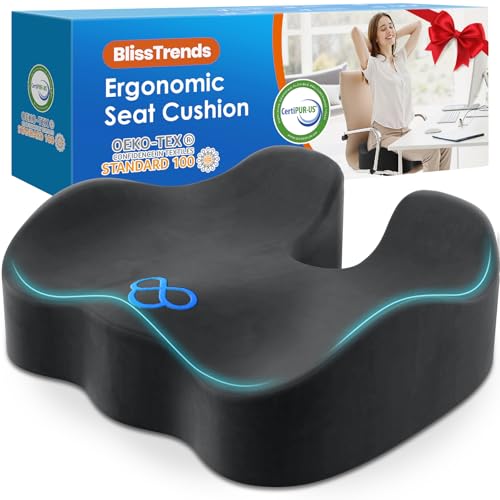 BlissTrends Seat Cushion,Thick Memory Foam Cushions for Office Chair, Car Seat, Airplane, Relieving Pressure Tailbone Sciatica Back Pain for Long Sitting Office Workers, Car Drivers 4.7in Thick Grey - color: Grey, size: Large