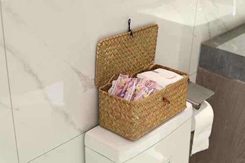 Rectangular Handwoven Seagrass Small Storage Basket with Lid for Shelves and Home Organizer Bins,S (10.2"x5.5"x4.3"H), Natural - size: S (10.2"x5.5"x4.3"H)