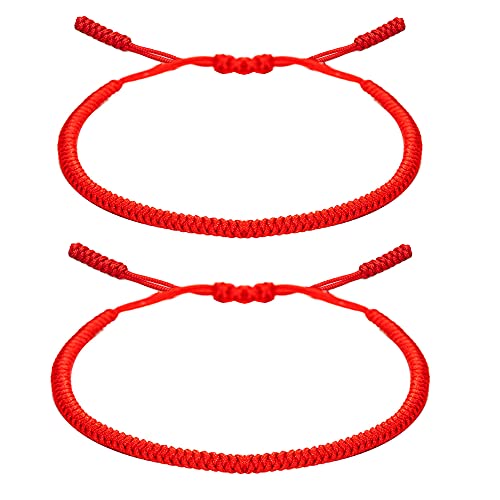 kelistom Handmade Buddhist String Bracelets for Women Men Tibetan Adjustable Woven Rope Bracelet for Protection and Luck, Red and Black, 2or 6 pcs/set - color: tight braid-red