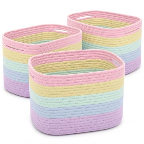OrganiHaus Pastel Rainbow Cotton Rope Baskets for Shelves, Set of 3 - 15"×10"×9½" - Colorful Storage Baskets for Kids - Nursery, Playroom, Classroom - Toy Storage, Books, Towels - color: Rainbow Pastel