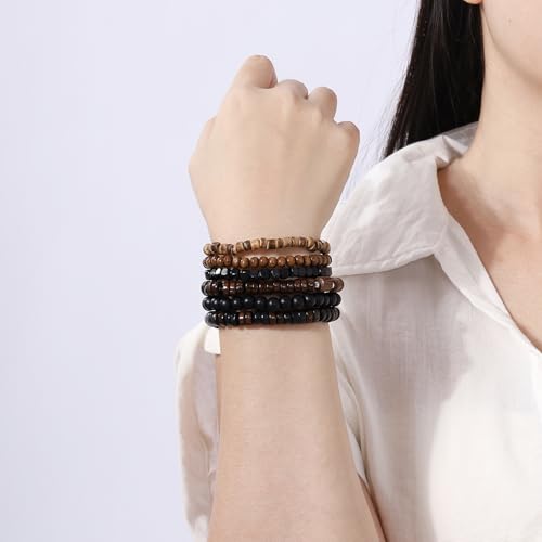 MILAKOO Mens Beaded Bracelets Tribal Wooden Elastic Adjustable Prayer Beads Wrap Cuff for Women - color: T: 6pcs