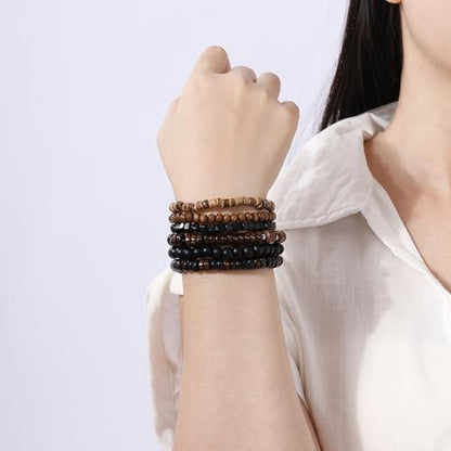 MILAKOO Mens Beaded Bracelets Tribal Wooden Elastic Adjustable Prayer Beads Wrap Cuff for Women - color: T: 6pcs