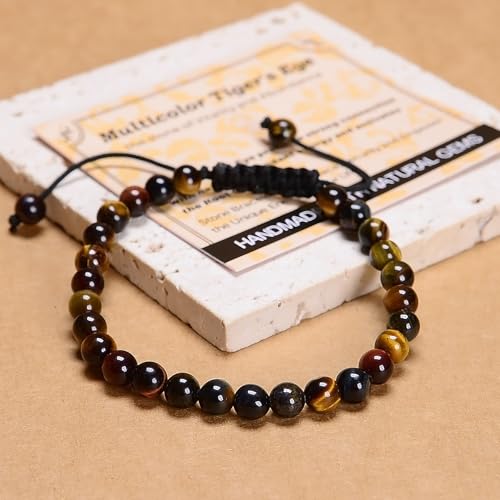 MASSIVE BEADS Handmade Yoga Natural Stone Crystal Healing Power Energy Gifts for Unisex Adult Bracelet Macrame Adjustable - color: 3-Tiger's Eye (Vitality and Abundance), size: 6mm