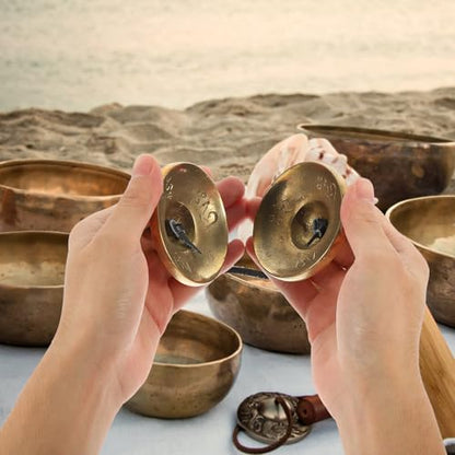 Hand Percussion Copper Meditation Bell Small Finger Cymbals Set for Yoga Tibetan Bell Sound Healing Instrument
