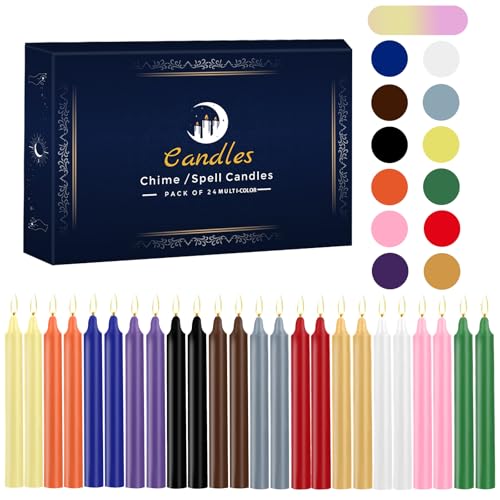 24 Pack Multicolor Spell Chime Candles – Premium Mini Unscented Taper Candles for Rituals, Prayer, Meditation, Altar, Spells – 4" Tall – Ideal for Witches & Spiritual Practices - color: Multicolor