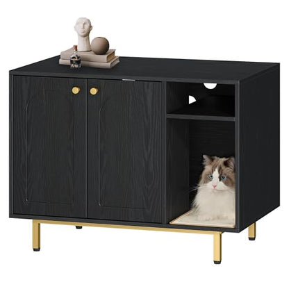 Hzuaneri Cat Litter Box Enclosure,Hidden Litter Box Furniture with Storage, Large Wooden Cabinet with Sisal Mat, Modern Cat Washroom for Living Room, Bedroom, Entryway, Black and Gold CB01504G - color: Black and Gold