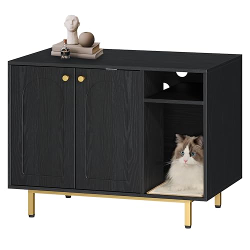 Hzuaneri Cat Litter Box Enclosure,Hidden Litter Box Furniture with Storage, Large Wooden Cabinet with Sisal Mat, Modern Cat Washroom for Living Room, Bedroom, Entryway, Black and Gold CB01504G - color: Black and Gold