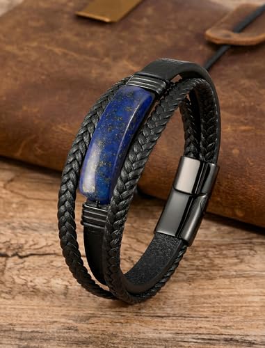Mens Black Leather Obsidian/Turquoise/Tiger Eye/Red Agate Bracelet–Braided Multi‑Layer Wristband Cuff Bangle Bracelet with Stainless Steel Clasp Gift Jewelry Box Included - color: Lapis Lazuli, size: 9in(Fits larger wrists)
