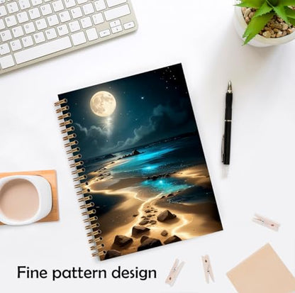 Full Moonlight Beach Notebook, Mystical Celestial Coastal Ocean Journal, Whimsical Moon Star Sky Journal, Nature Lover Gifts Hardcover Spiral Notebooks, 5.5x8.3 Inch - color: Color_2