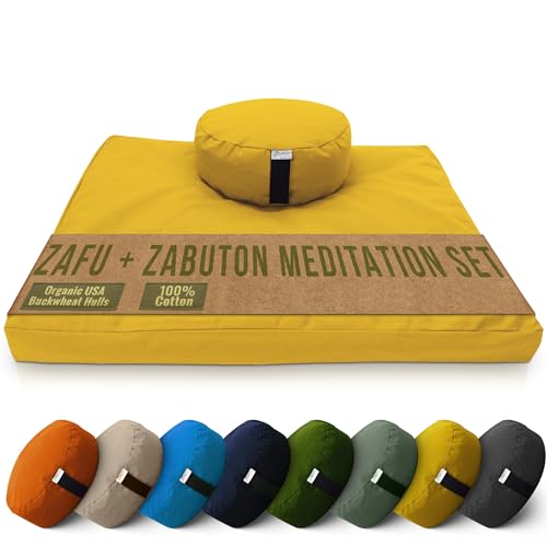 Bean Products Meditation Cushion Mat Set - Zafu Floor Pillow Organic Buckwheat Pillow + Cotton Filled Zabuton Prayer Pad - Meditation Pillow Yoga Knee Pad - Made in USA - 14" Round or 18" Oval
