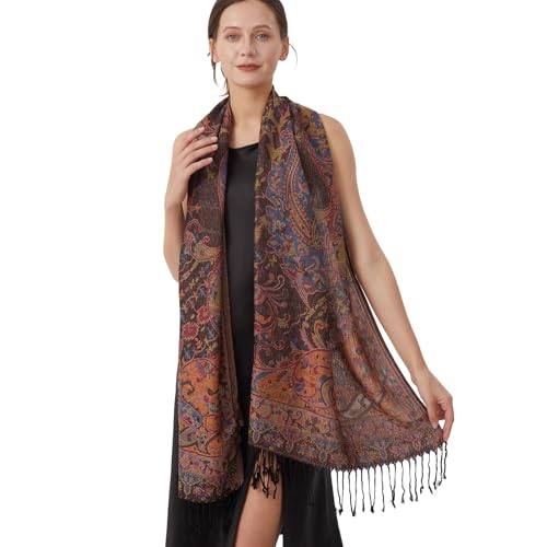 Paisley Pashmina Rave Shawl Scarf-Women's Reversible Ethnic Jacquard Pashmina Wraps for Travel - color: A#.blue Red Yellow