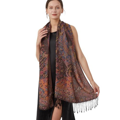 Paisley Pashmina Rave Shawl Scarf-Women's Reversible Ethnic Jacquard Pashmina Wraps for Travel - color: A#.blue Red Yellow