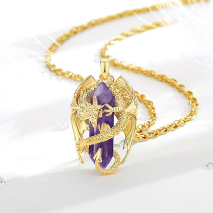 INFUSEU Unique Dragon Necklaces with Healing Crystal Stone for Men Women, Personalized Spiritual Gifts, 24 Inch Chain - color: Gold-Amethyst