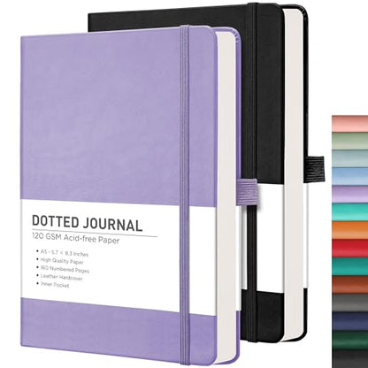 RETTACY Dotted Journal Notebook, 2-Pack, 160 Numbered Pages per Pack, A5 Medium Size (5.7'' x 8.3''), 120 GSM Thick Paper, Leather Hardcover, for Journaling, Planning, Tracking (Black & Purple) - color: Black & Purple, style: Dotted