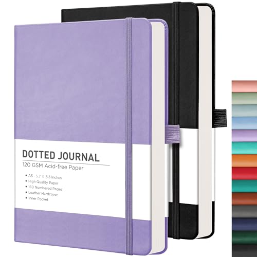 RETTACY Dotted Journal Notebook, 2-Pack, 160 Numbered Pages per Pack, A5 Medium Size (5.7'' x 8.3''), 120 GSM Thick Paper, Leather Hardcover, for Journaling, Planning, Tracking (Black & Purple) - color: Black & Purple, style: Dotted