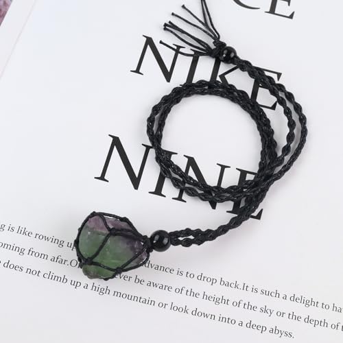 Natural unprocessed crystal raw stone hand woven rope adjustable necklace pendant for both men and women - color: A-Fluorite 1