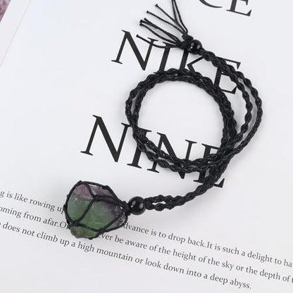 Natural unprocessed crystal raw stone hand woven rope adjustable necklace pendant for both men and women - color: A-Fluorite 1