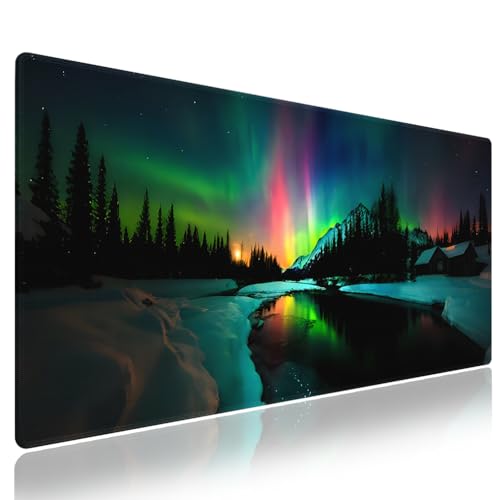 Extra Large Gaming & Office Mouse Pad (31.5" x 11.8") – Aurora Borealis Over Winter Landscape Snow Mountains & Calm Lake & Captivating Night Sky, XXL Desk Mat with Durable Stitched Edges - color: Aurora Borealis