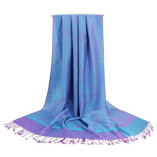 Silky Paisley Pashmina Shawl Scarf-Women's Soft Double-side Jacquard Pashminas Wrap for Evening Dress Travel Shawl - color: A-blue/Purple