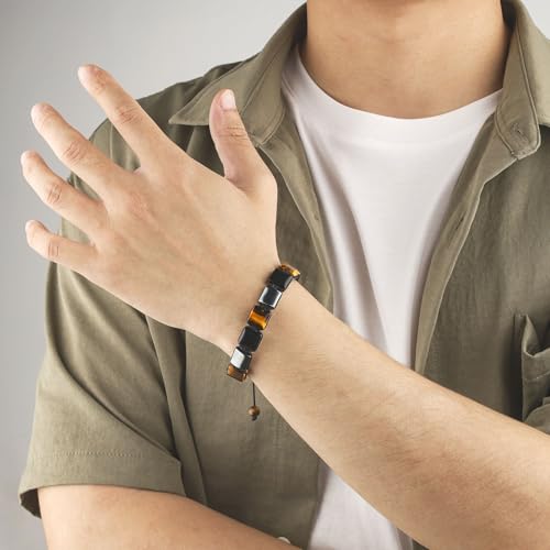 Square Natural Stone Unisex Adjustable Bracelet - Handmade with Natural Stons - Square Healing Crystal Bead Bracelet - color: Black&Tan