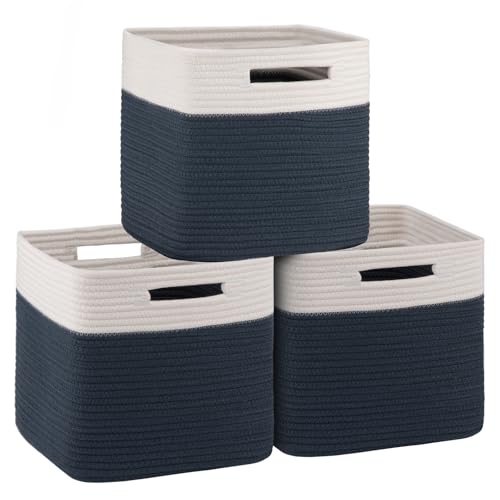 OIAHOMY Cube Storage Basket, 3-Pack Woven Cotton Rope Baskets for Storage, 11-Inch Cube Basket with Handles, Great for Shelves, Closets, Children's Toy Storage and Organization-White & Blue - color: White & Blue