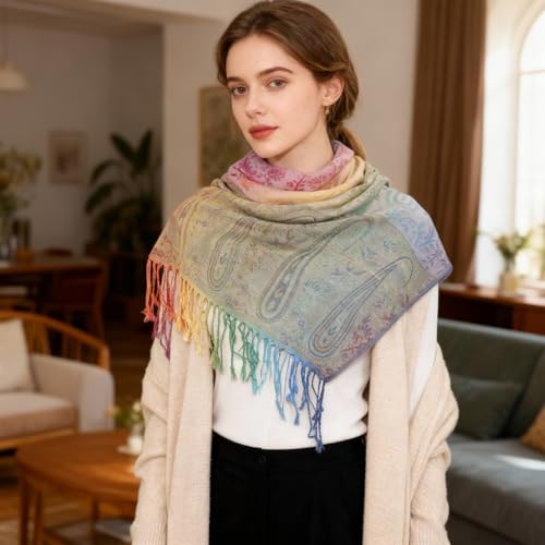 Rave Pashmina Scarf, Fashion Colorful Shawls and Wraps Soft Festival Scarves - color: D-pink (Paisley Pattern)