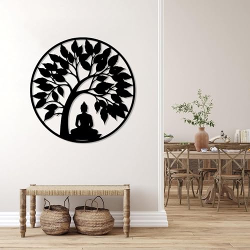 Tree of Life and Buddha Metal Wall Decor, Tree of Life Metal Wall Art, Zen Artwork Decor, Meditation Hindu Wall Art, Spiritual Gifts, Zen Artwork for Yoga Studio (Black, 35"x35") - color: Black, size: 35"x35"