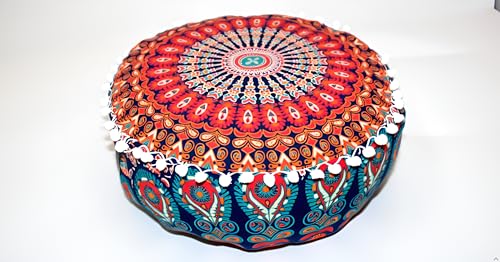 CRAFT KALA Large Hippie Mandala Meditation Floor Ottoman Pillow Cushion Pouf Cover Square Poufs Bohemian Circle Floor Cushion Case Outdoor Fireplace Yoga Living Room Decor Cover Orange, 18" Round - color: Orange, size: 18"D x 18"W x 5"H