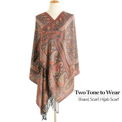 Paisley Pashmina Rave Shawl Scarf-Women's Reversible Ethnic Jacquard Pashmina Wraps for Travel - color: C#.black Plum