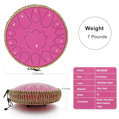 BETESINE 13-Inch 15-Note Steel Tongue Drum in C Major, Beginner-Friendly Meditation Drum with Mallets, Music Book, Finger Picks, Carry Bag & Note Stickers, Rose Pink