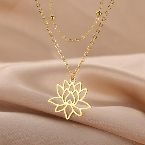 VASSAGO Buddha Lotus Necklace for Women Yoga Healing Pendant Stainless Steel Flower Necklace Buddhist Necklace Unalome Symbol Amulet Religious Jewelry - color: gold 9