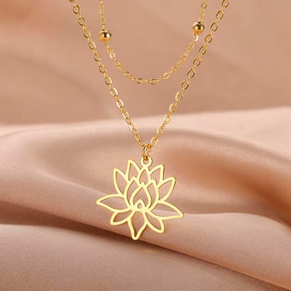 VASSAGO Buddha Lotus Necklace for Women Yoga Healing Pendant Stainless Steel Flower Necklace Buddhist Necklace Unalome Symbol Amulet Religious Jewelry - color: gold 9