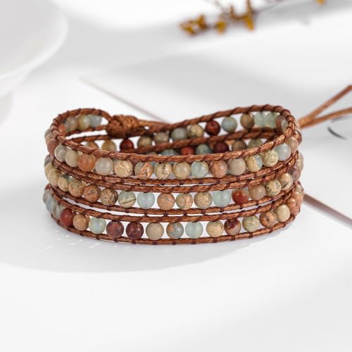Plumiss Women Boho Handmade Natural Stone Crystal Leather Bead Wrap Bracelets Collection - style: 4mm Agalmatolite 3W