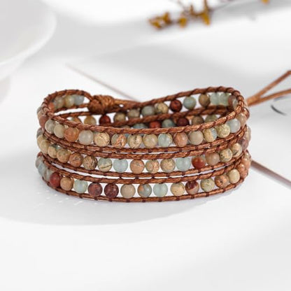 Women Boho Handmade Natural Stone Crystal Leather Bead Wrap Bracelets Collection - style: 4mm Agalmatolite 3W