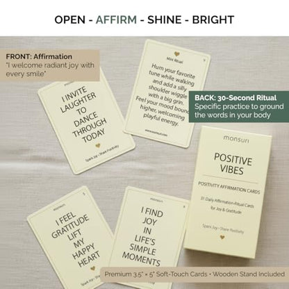 Positive Affirmation Cards with Wood Stand - 31 Daily Affirmation Cards for Women Paired with Joyful Rituals. Gifts for Friends, Birthday, Sisters and Self Care. Wooden Stand Included.
