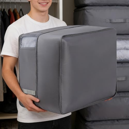 1 Pcs Medium Foldable Storage Bag, 2-Floor Organizer with Handles, 11.8x20.5x16.5in Closet Storage for Comforters & Bedding, Grey