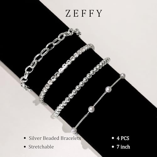 Zeffy Gold Pearl Beaded Bracelet for Women, 14K Gold Plated Jewelry Set With Paperclip Link Chain, Trendy Stack Bracelets - style: 4PCS Silver Tennis Pearl Beaded Stackable Bracelets