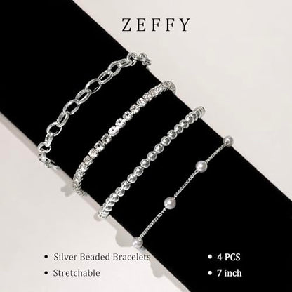 Zeffy Gold Pearl Beaded Bracelet for Women, 14K Gold Plated Jewelry Set With Paperclip Link Chain, Trendy Stack Bracelets - style: 4PCS Silver Tennis Pearl Beaded Stackable Bracelets