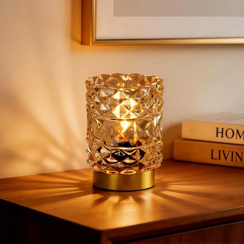 MJ PREMIER Battery Operated Lamp with Timer, Cordless Table Lamps for Shelf Decor, Rhombus Texture Aesthetic Crystal Lamp, Small Decorative Lamps for Bedroom/Bathroom/Kitchen/Entryway/Dorm (Yellow) - color: Yellow, size: 1 pack