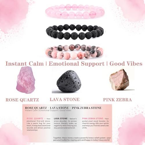 4mm 6mm 8mm Healing Crystal Bracelets for Women Men Natural Stone Beaded Stretch Bracelet Handmade Gemstone Reiki Spiritual Jewelry Gifts - color: Rose Quartz+Lava+Pink Zebra-Stress Relief, size: 8mm