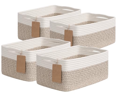 Goodpick 4 Pack Storage Baskets for Shelves, Rectangle Woven Baskets for Organizing, Cotton Rope Storage Bins for Baby Toys, Decorative Basket for Gifts, 13''L x 8''W x 6''H, Brown & White - color: Light Brown & White