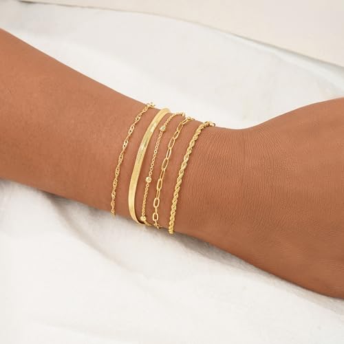 BERISO Gold Bracelets for Women, Elegant Adjustable 14K Gold Plated Bracelet for Women, Trendy Minimalist Dainty Gold Bracelet for Everyday Wear - style: 5layer B0047-GD