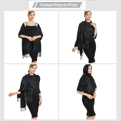 Silky Paisley Pashmina Shawl Scarf-Women's Soft Double-side Jacquard Pashminas Wrap for Evening Dress Travel Shawl - color: A-black
